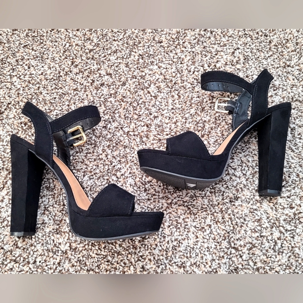 Black Platform Faux Suede Block Heel Dress Sandals Size US 9